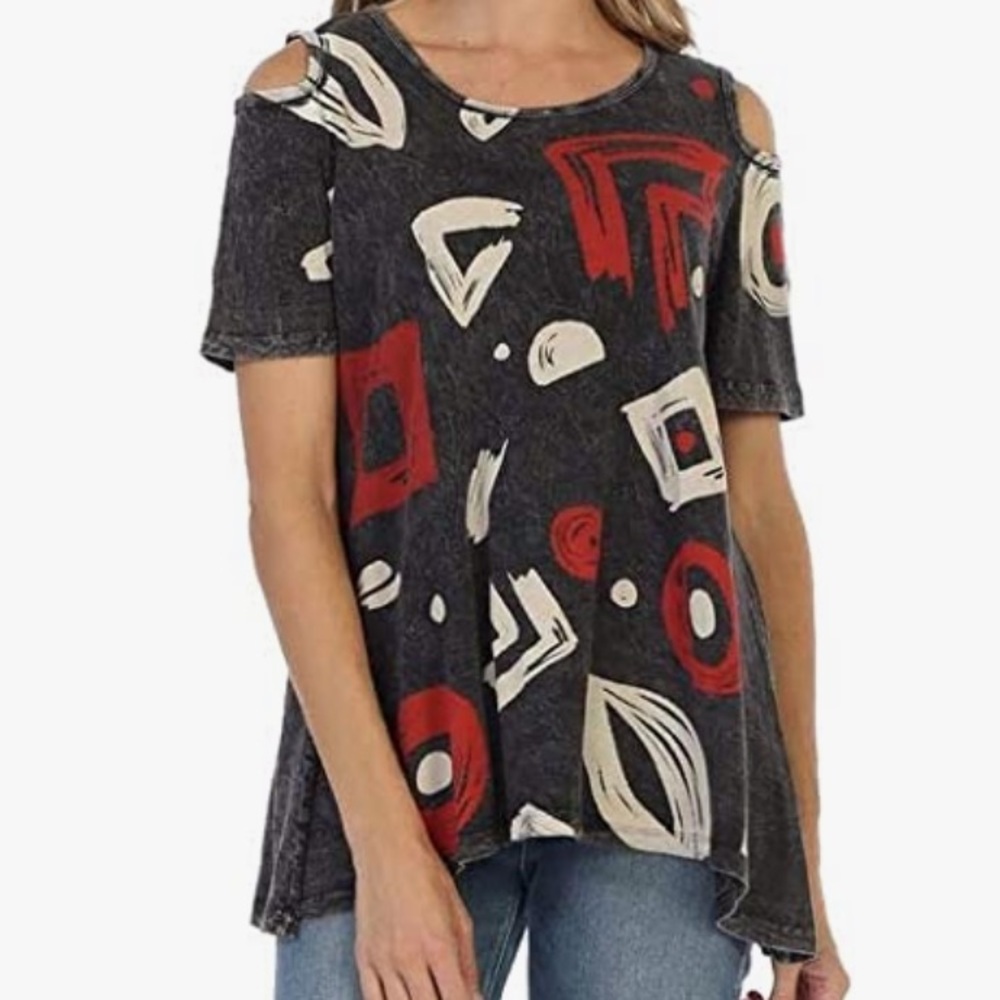 JESS & JANE- Women's Geo Play Mineral Washed Cotton Cold Shoulder Tunic Top